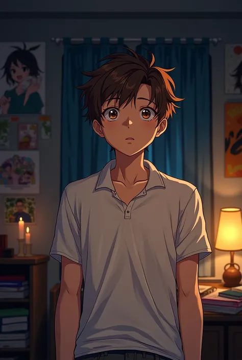 A teen with a brown hair and eyes with a good jawline wearing a white polo  seing his dopple ganger in his room and talking to it while being shocked (anime version)