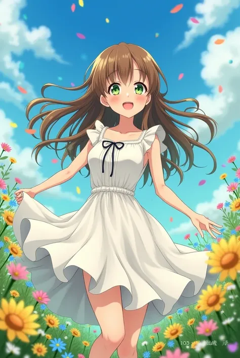 Brown Hair、Adult women、long、Green Eyes、White dress that covers the shoulders、anime、Flower Field、Bright expression
