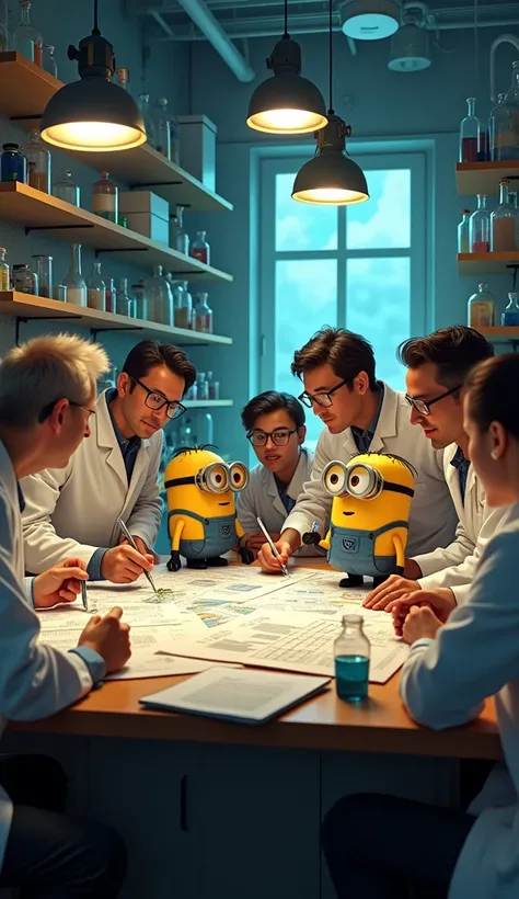 a group of scientists and engineers are trying to solve the problem. They decided to seek out the Minions, A renowned scientist, who have the ability to handle difficult situations. Laboratory scene with chemicals on shelves 