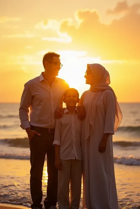 4k realistic photography, four people consisting of, husband and wife aged 48 years, husband wearing glasses, short black hair, smooth face, wife wearing Muslim clothing, hijab, first child, 22 year old girl without wearing hijab, wearing Muslim clothing, ...