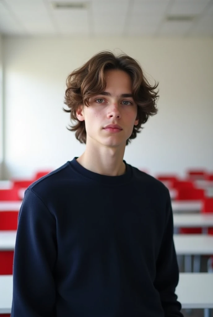 Create a hyper realistic image of a white 16 year old MAN, with wavy brown hair and dark brown eyes, hairstyle must be short curtains/middle part, slim build, dark navy blue sweater/jersey, background must be a white empty classroom with white desks and re...