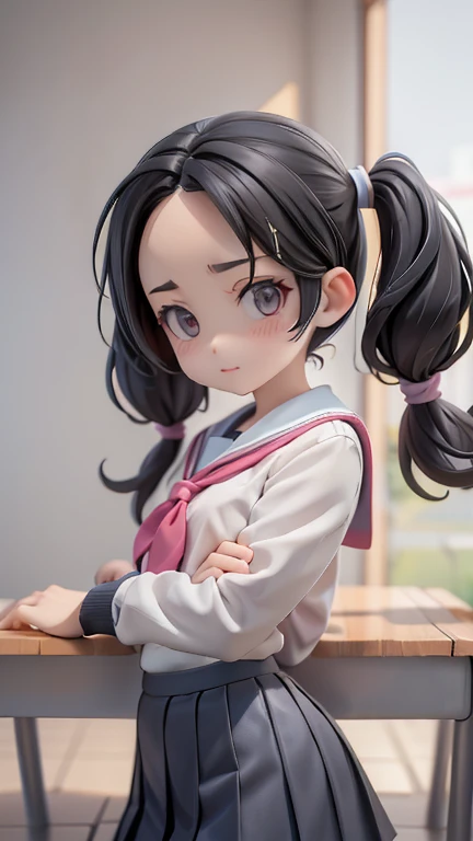 Girl、Primary school students、small、sharp、Black Hair,、Pigtails、The forehead is visible、Forehead、