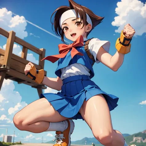 Hinata Wakaba jumping open thighs,shoot from below,headband, white shirt, bow, Blue Vest, pleated skirt, fingerless gloves, socks,School Sky