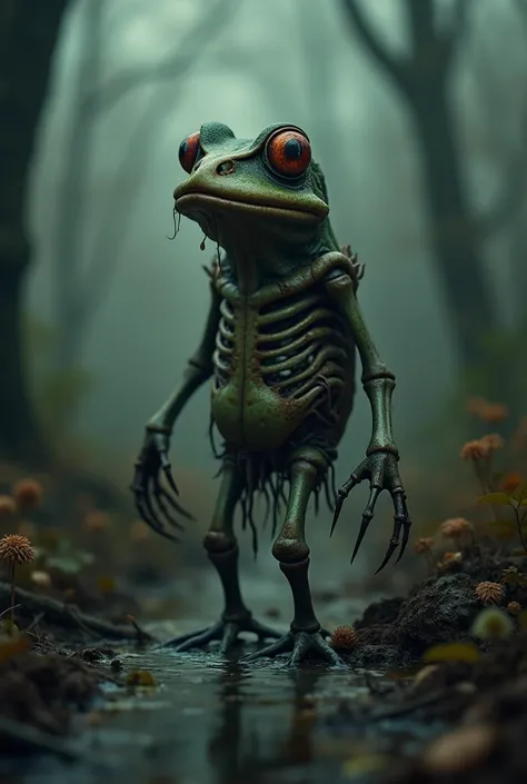 grotesque creature, deformed frog head, melted body half chicken, half skeleton, bizarrely macabre, disgusting, disturbing