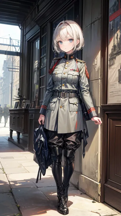 ((True best masterpiece, Ultimately perfect quality, Extremely delicate details)), ((Modern army, World War I, Great War, Old, Antique)), A soldier girl, Is an officer, Wearing military uniform, Gray jacket, On the frontline