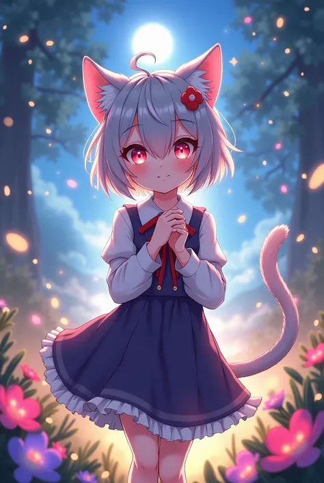 linia, cat ears, cat tail, cat_girl, red eyes, grey hair, short hair, large breasts,ahoge,nude ,naked(nsfw:0.55), ((flat chested, flat stomach, baby face)), (intense colors)