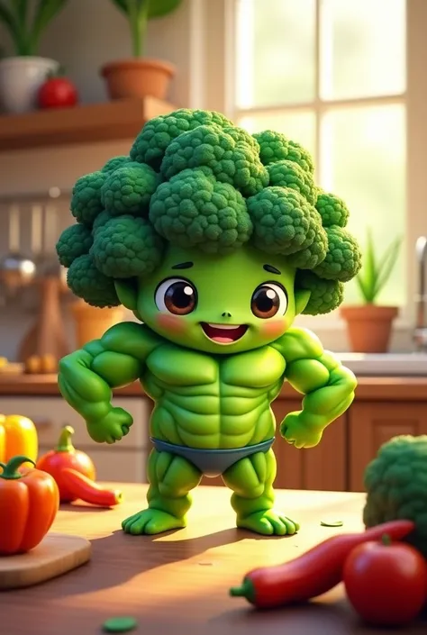 green broccoli, muscular looking 3d image like chibi
