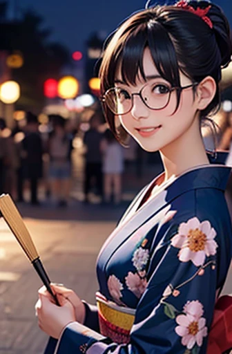 Quiet、serious、Honor student、moderate、sober、cute、A quiet beautiful girl、Glasses、kimono、Fireworks Date、night、Tied hair、Holding a fan、Laughing happily