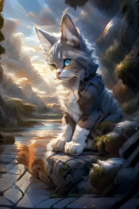 a cat from a fantasy world with navy blue fur, sitting looking at the landscape