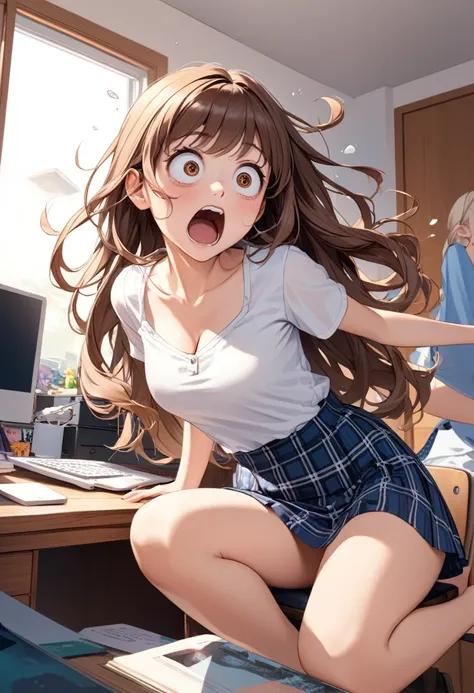 detailed illustration, dynamic angle, ultra-detailed, illustration, 1girl, 18 year old, school girl, white blouse, blue plaid skirt, thighs, wavy brown hair, long hair, bright brown eyes, cleavage, medium breasts, sitting in a bedroom, desk, computer,  wid...