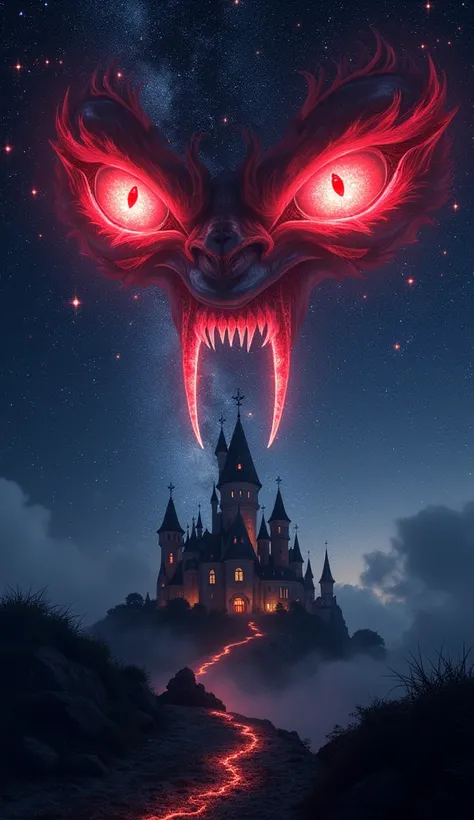 an epic comic anime picture of a ((of 2 glowing red eyes: 1.3)) formed in the night sky full of  stars, BREAK a ((2 of vampire fangs: 1.3))  formed in the night sky ((full many of stars, shining stars: 1.5)), dark goth fantasy castle background,Ultra-high ...