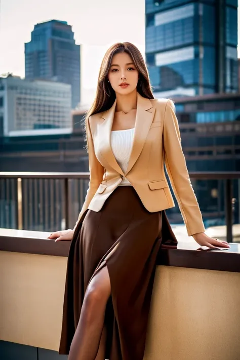 (Ivory-colored blazer)、Business Blouse、(Ivory long skirt:1.3)、(Highest quality、Ultra-high resolution、masterpiece)、(Full Body Portrait)、silk pantyhose、Sitting、(Both legs and high heels look beautiful.)、1 girl、Perfect Anatomy, Perfect body, Perfect hands, Pe...