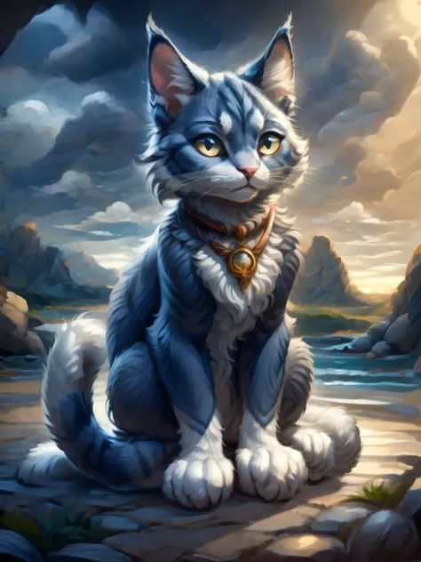 a cat from a fantasy world with navy blue fur, sitting looking at the landscape