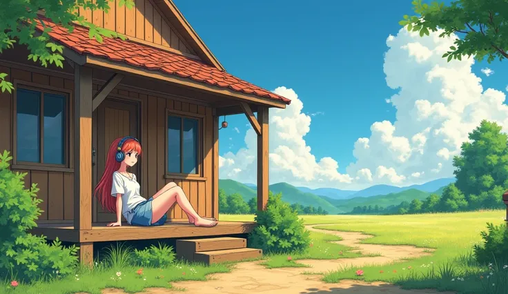 Perfect image, 8k, noon、A high school girl listening to music on a cozy veranda,holiday、 Using headphones, 2D-style animation, Lo-Fi, hard disk, Big Breasts、one&#39;s home、wind chimes、summer、Retro、Japanese style、Wooden house、Single-story house、countryside、...