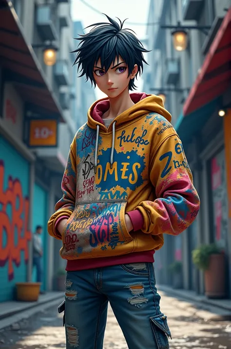 Make an image of a male anime charecter with black messy hair and wearing a hoodie with graffiti and spray paint style, randomly placed, random angles and random multiple words and jeans