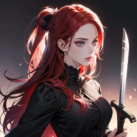 ((ultra realisitic)), ((picture-perfect)), ((face perfect)), ((ultra detaild)), ((fully body)), ((perfectbody)), a girl with a sword and red hair is posing, black gothic clothes, face perfect, perfects eyes