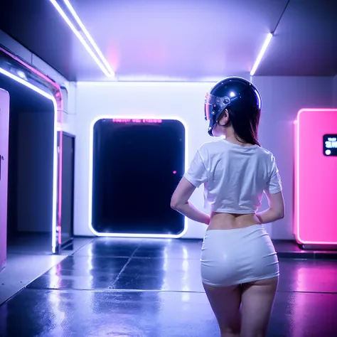 medium range shot of a girl wearing a chrome helmet, seen from behind, reflecting in a mirror, neon light, anamorphic reflection...