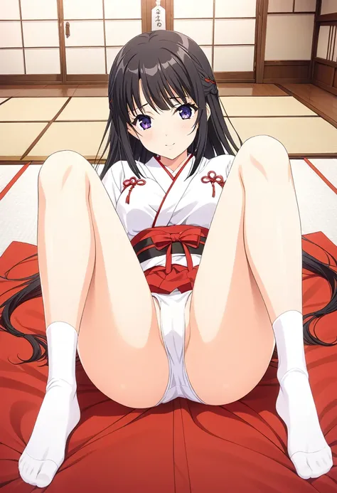 1 girl in a japanese shrine, long black hair, purple eyes, hime haircut, headband, miko shrine maiden outfit, lying on the futon in Japanese style bed room, beautiful detailed eyes, light smile, blush, full body, spread legs, no panties, spread buttocks by...