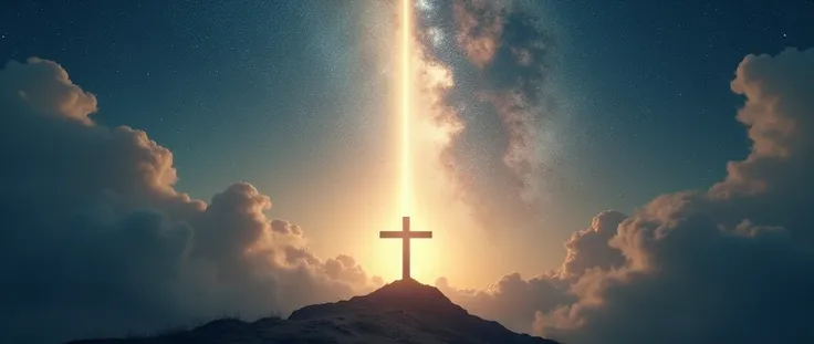 the cross, a light beam shines on from below ascending into heaven, milky way space with cloud in the background, low angle shot, far away shot, cinematic, magical, HD, ultra realistic, hyper real,