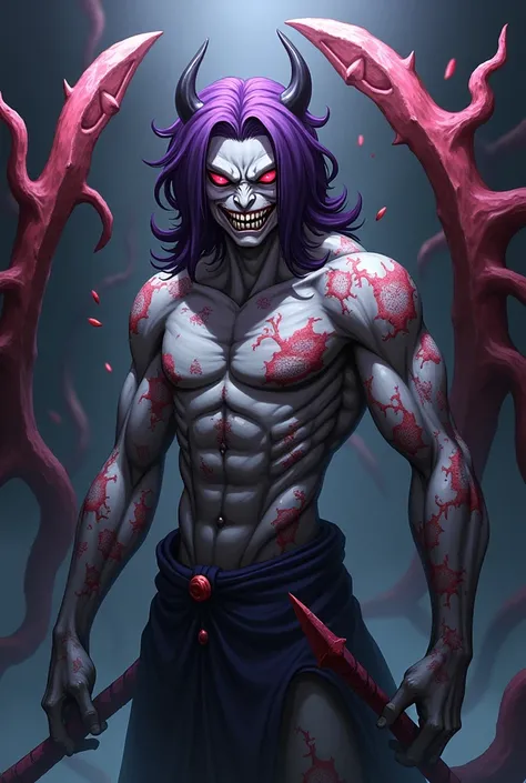 Art anime Kimetsu no yaiba, a humanoid Kaijin demon with purple hair and grayish skin, with many scars on the body, has an evil smile on his face and wields two small scythes made of meat