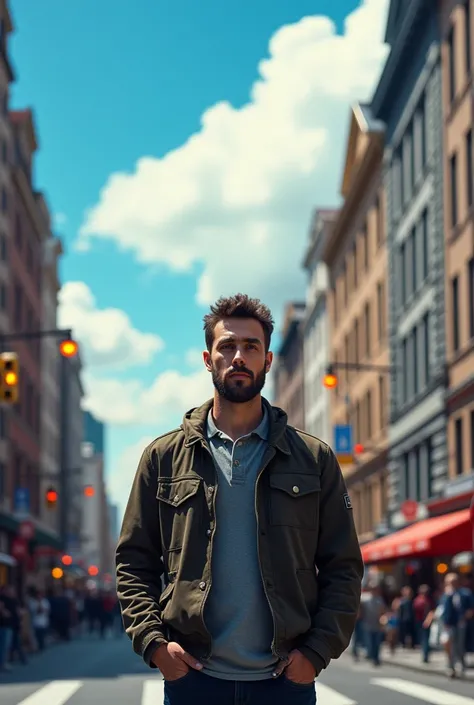 realisitic, detailded, best qualityer, work of art, 1 , RAW portrait of a man posing for a photo in the middle of a citys street, citys, centred, facing spectators, giorno, giorno time, blue sky, clouds, natural lighting, Festive atmosphere, details Intric...