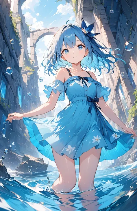 ((Ridiculous)),超high resolution, Attention to detail, high quality, high resolution, 最high quality, 4K, 8K、Sunken ruins、Girl in the water、There are bubbles around、Deep blue world、comprehensive, Deep blue toned artwork