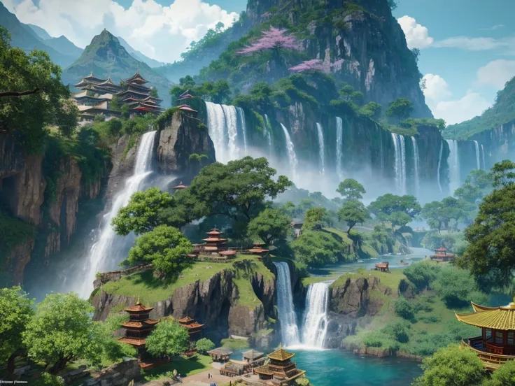 waterfall can be seen from alavde，there is a pagoda and a waterfall in the background, fantasy painting，lovely, landscape artwor...