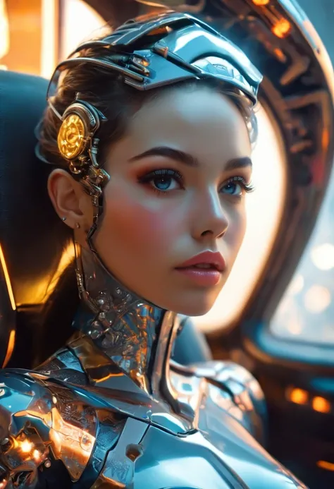 office in a skyscraper in a big city, female cyborg, beautiful detailed eyes, beautiful detailed lips, beautiful detailed face, extremely detailed eyes, extremely detailed face, long eyelashes, sits with her feet up in a luxurious chair, heavy mens boots, ...