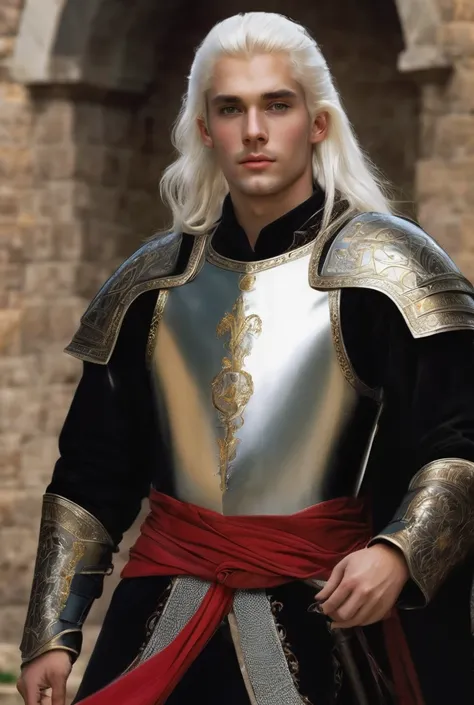 Young man, with long hair, platinum blonde. White hair without beard. very pretty, clear eyes. defined body. Usually wears black and red armor, with dragon coat of arms on the chest. Or fancy fabric clothes almost always black or red with gold . no hair on...