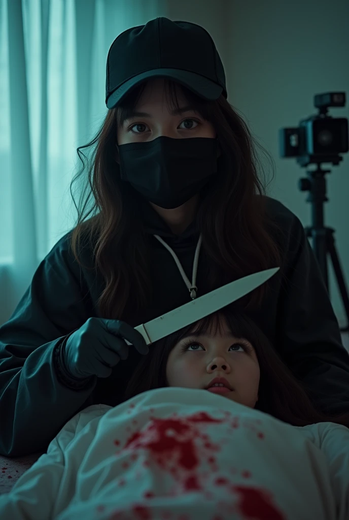 korean girl, (behind stiff, holding knife), black surgical mask, black gloves, crazy eyes, bed room, black raincoat, holding knife, trucker hat, 15 years old, black gloves, woman on top, looking at viewer, behind cadaver, blood splatter, bed room, night, m...