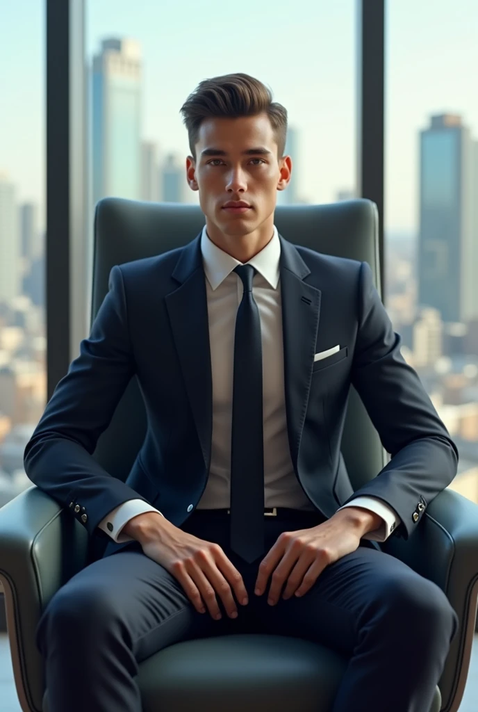 anime 20 year old boy with court shuit and sitting in ceo chair