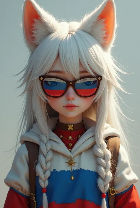 teenage girl white wolf ears and whiskers on her face with russia flag clothes, and russia flag on her huge glasses