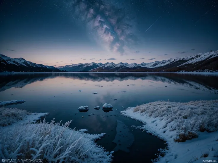 frozen lake lake, night, stars in the sky, moon, severe frost, frost, snowing, 4k, high resolution, high detail, random angle, h...