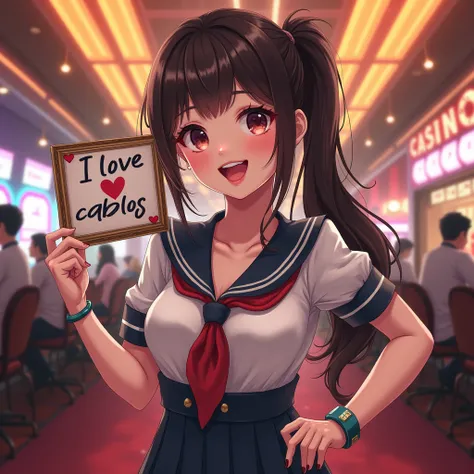 a sexy high school uniform indonesian woman holding up a sign "I LOVE COBLOS4D", joyful, happy, anime illustration, photorealistic, oil painting, casino background