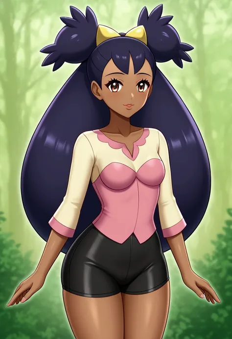 1 girl, iris_(pokemon), alone, dark-skinned woman, long hair, dark_skin, brown_eyes, big_hair, purple_hair, very_long_hair, bun,...