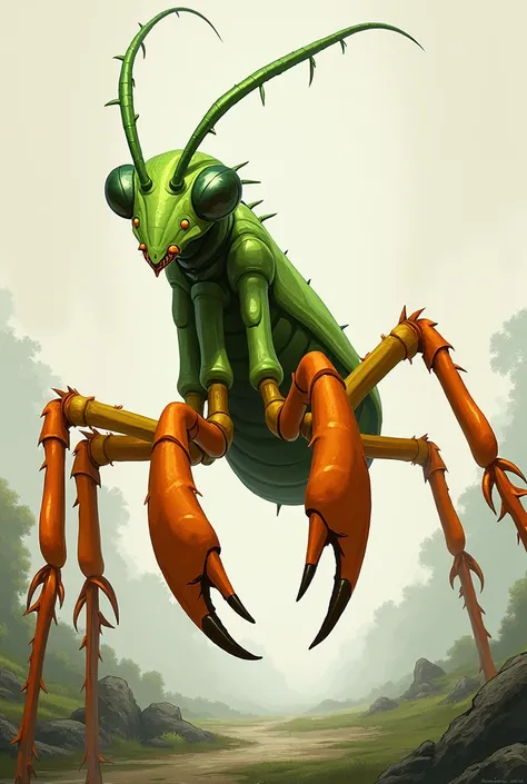 Draw an elongated insect, His whole body is green but with long, orange legs that are also bent, and have crab claws, and his face in the shape of a praying mantis 