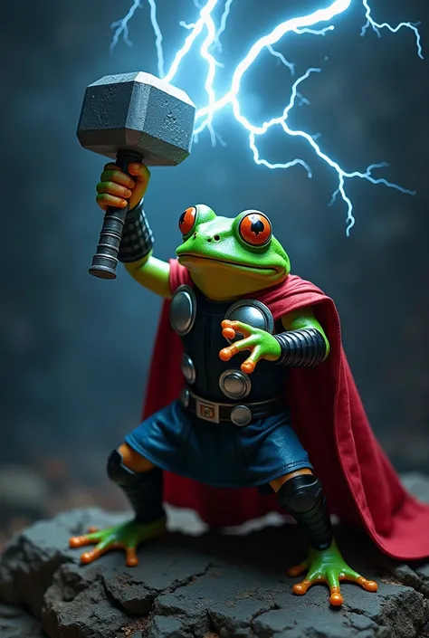 “Vector t-shirt design, high-angle shot photo of a frog cosplaying as Thor from Marvel, striking a powerful combat pose. The frog is pointing the Mjolnir hammer up to the sky, with lightning bolts emerging from the hammer. The scene is set against a dark b...