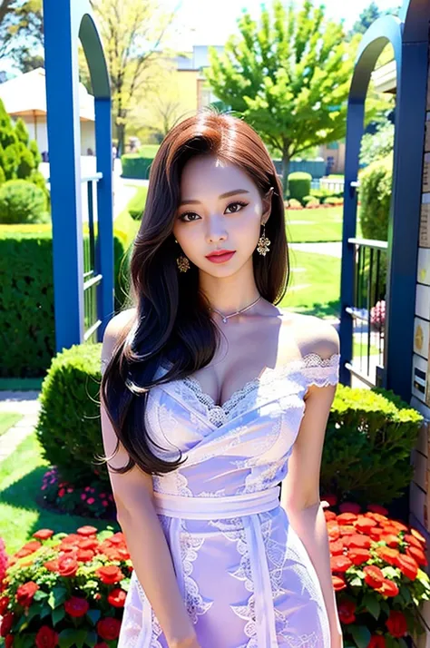 Tzuyu 1, woman, (Realistic), (Hyperrealism), (photoRealistic), Written boundary depth, eye make up:0.7 (whole body:1.8), (Large Bust),(Tight waist), Observe the audience,At the flower garden, Fashion Model, A sexy sheer dress made of all lace with an open ...