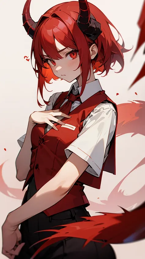 Red demon girl with vest and red tail and horns