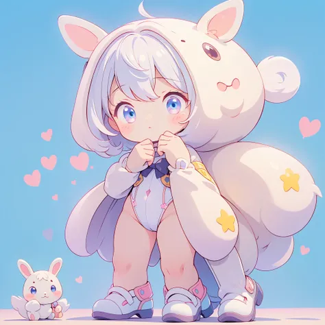 A cute little guy wearing a rabbit costume、fluffy、Loose、pastel colour、Highest quality、Masterpiece、Milky white hair color、kawaii tech,