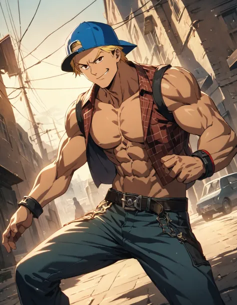 1man, urban hero in fighting game, middle muscular, very short hair, blond, masculine, handsome, brown eyes, solid chinpira, BREAK solo, abs, >:>, smug, thick abs, cool emotion, BREKK backwards hat, open shirt, cropped shirt, red collared shirt, sleeveless...