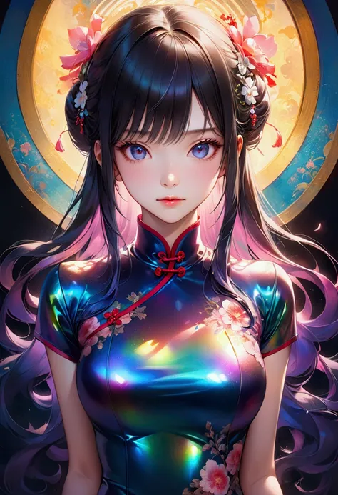 Anime girl with long straight dark iridescent hair,athletic body,cheongsam, realistic