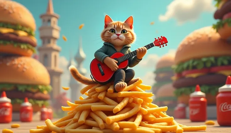 A cat playing guitar on fries in a burger world