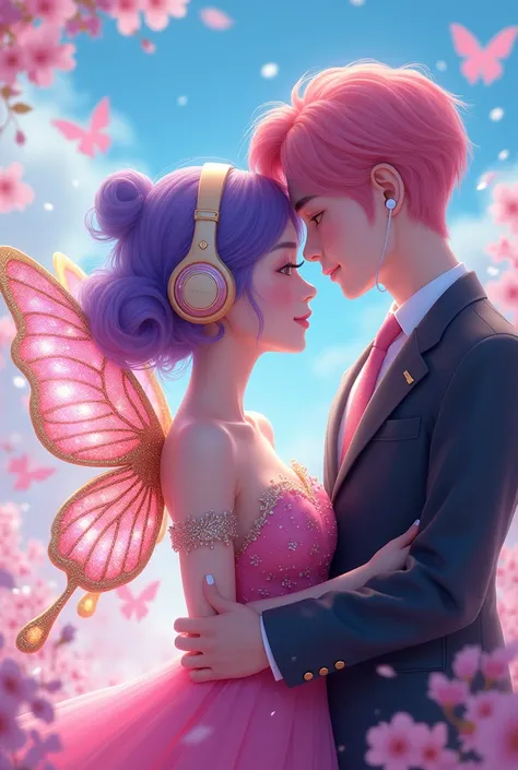 Korean purple hair butterfly woman with headphone and pink dress with gold and glitter wings and pink hair man in formal wear also cute realistic clip friendship don&#39;t be romantic