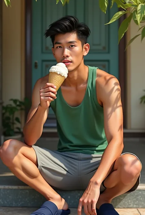 A young Vietnamese man with detailed facial features, beautiful eyes, nose, and lips, wearing a green tank top, grey shorts, and navy blue slippers, sitting and eating ice cream, 1 person, photo-realistic, hyperrealistic, intricate details, 8k, ultra-detai...