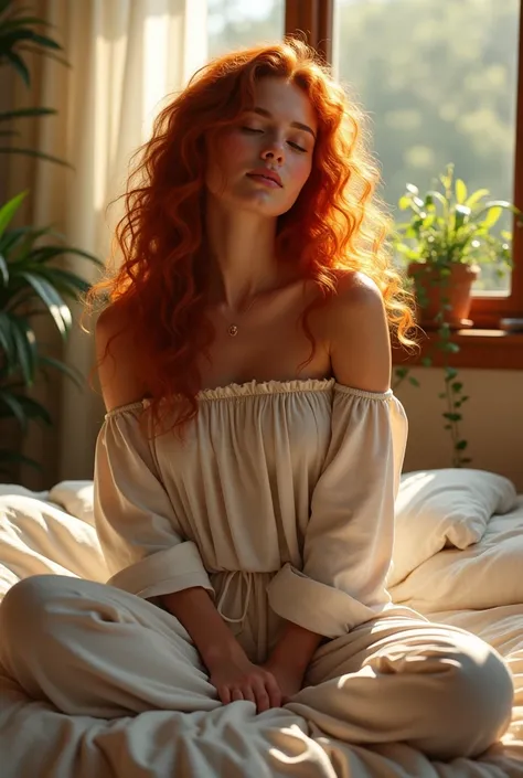 (photorealism:1.2), beautiful woman, sitting on bed, wearing loose off-shoulder top, pajama pants, long red curly hair, indoors, soft lighting, plants in background, window with sunlight, cozy room, relaxed pose, realistic, intricate details, warm colors, ...