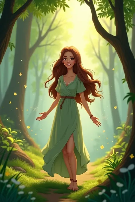 a spiritual nature witch with brown eyes and brown hair in the woods smiling animated style