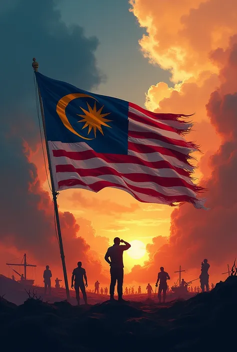 Independence theme poster "malaysia madani jiwa merdeka,atmosphere of war,flag of the glorious path,the color of the Malaysian flag, war of independence 
