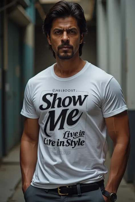 Srk wearing t-shirts brand name called SHOW ME  tag line live in style