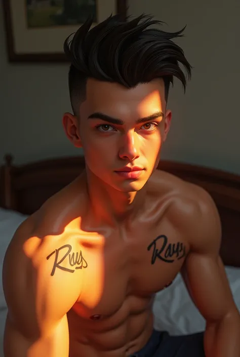 a young man AI high quality muscular tattoo with name “ruy” tanned skin piercing gaze pink mouth with sun on face with realistic animated bedroom background
